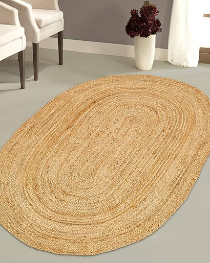 Hand Woven Jute Area Rug - 5' x 7' Feet - Rustic Beige Reversible Oval Rugs for Bedroom, Kitchen, Living Room - Vintage Natural Braided Entry Floor Décor Boho Oval Area Rugs 5x7 Feet