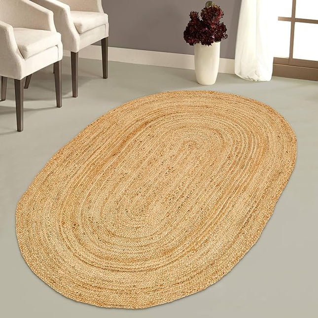 Hand Woven Jute Area Rug - 5' x 7' Feet - Rustic Beige Reversible Oval Rugs for Bedroom, Kitchen, Living Room - Vintage Natural Braided Entry Floor Décor Boho Oval Area Rugs 5x7 Feet