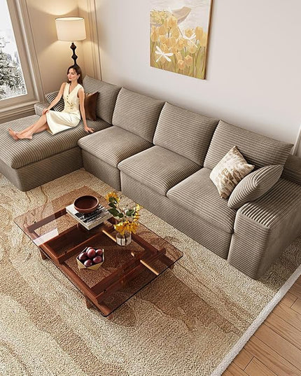 136" Cloud Couch Modular Sectional Sofa for Living Room, L-Shape Boneless Couch with Deep Seat, Modern Corduroy 4-Seater, No Assembly Required (Camel,Left-Facing Chaise)