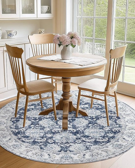 jinchan Fiora Round Rug 6ft Area Rugs Vintage Floral Distressed Design - Machine Washable Non-Slip Low-Pile Ultra-Thin Circle Rug for Entryway Bedside Living Room Bedroom (6' Round, Dark Blue)