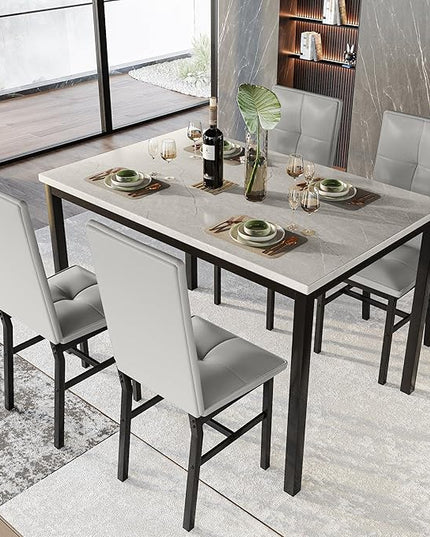 Hooseng Dining Table Set for 4, Modern Faux Marble Kitchen Table with 4 PU Leather Chairs, 5-Piece Small Dining Room Table Set for Dinette, Breakfast Nook, Grey