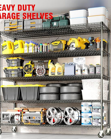 GarveeHome 82"H Storage Shelves with Wheels, 5-Tier Metal Shelving Unit Heavy Duty 3300LBS Load, Adjustable Garage Shelving Wire Rack Shelves, for Pantry Room,Kitchen, Warehouse, Basement,24"D x 59"W