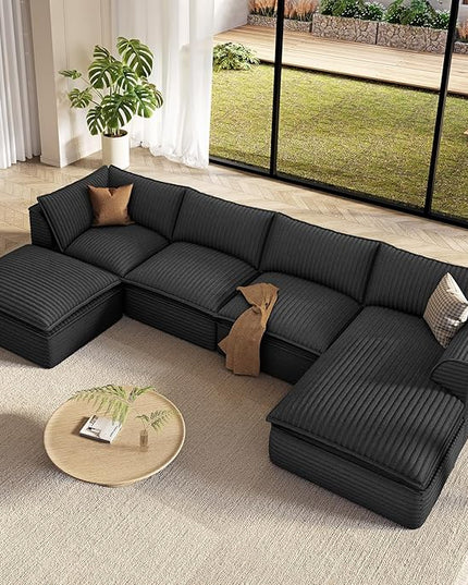 Vesgantti 141.7" U Shaped Sectional Boneless Couch, Modern 6 Seater Modular Sofa with Chaise & Ottoman, Deep Seat Plush Corduroy Cloud Couches for Living Room, No Assembly Required, Dark Gray