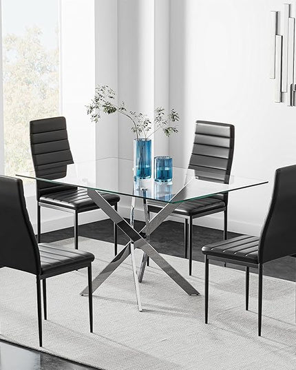 5 Piece Dining Table Set, Tempered Glass Dining Set for 4, with 4 Upholstered Chairs (Silver Table, Black Chairs)
