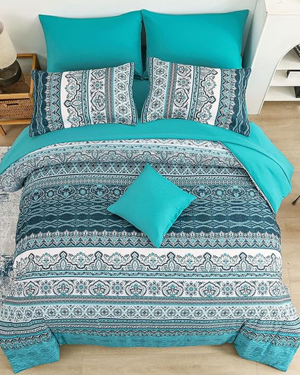 Cottolester Boho Queen Comforter Set 8 Pieces, Teal Comforter Bohemian Striped Bed in A Bag,Soft Microfiber Bedding Set for All Seasons