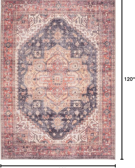 GLN Rugs Traditional Collection - Machine Washable Area Rug, Traditional Washable, Non Slip, Low Pile Chenille Rug, Living Room, Bedroom, Kitchen Rug (7'10"x10' Black/Terra)