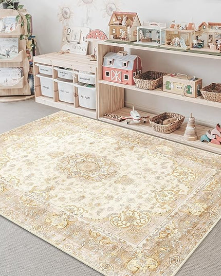 Boho Rug 3'x5',Washable Area Rugs for Bedroom Living Room Kitchen Entryway Bedside,Small Vintage Bohemian Distressed Non Slip Carpet,Beige Gold Floral