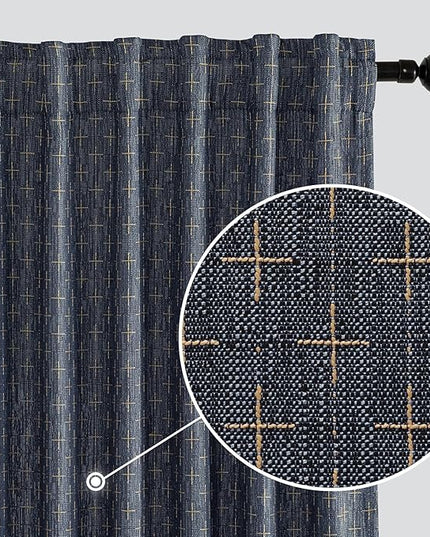 MIULEE Decorative Back Tab Linen Curtains with Geometric Pattern for Living Room Bedroom Farmhouse Rustic Thick Woven Textured Patterned Mudcloth Drapes 96 Inches Long 2 Panels Set, Blue