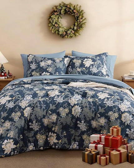 Full Comforter Set -7 Pieces Floral Navy Blue Comforter Set for All Seasons, Bed in a Bag Full with Botanical Flowers Comforter, Sheets, Pillowcases & Shams