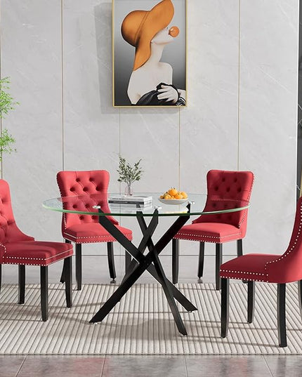 HomVent 5 Piece Round Glass Dining Table Set, Tempered Glass Dinner Table Set for 4 Kitchen Table Set with 4 Velvet Upholstered Chairs for Kitchen Dining Room