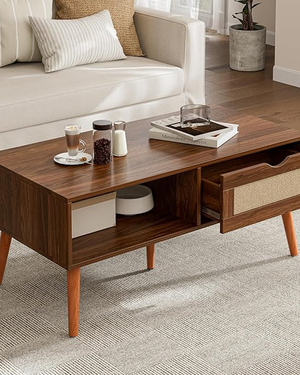 Coffee Table with Storage, Boho Dining Table with Rattan Drawer and Solid Wood Legs, Small Coffee Tables for Living Room, Walnut