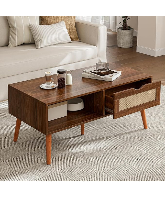 Coffee Table with Storage, Boho Dining Table with Rattan Drawer and Solid Wood Legs, Small Coffee Tables for Living Room, Walnut