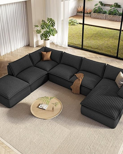 Vesgantti 141.7" Oversized Sectional Boneless Couch, Modern 7 Seater Modular Sofa with Chaise & Ottoman, Deep Seat Plush Corduroy Cloud Couches for Living Room, No Assembly Required, Dark Gray