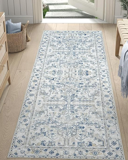 jinchan Lima Runner Rug 2x6 Washable Hallway Runner - Vintage Floral Non Slip Low-Pile Soft Ultra-Thin Kitchen Rug Distressed Carpet for Farmhouse Bedroom Entryway Laundry Room (2x6ft, Blue)