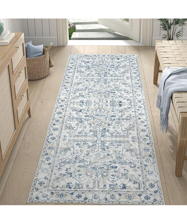 jinchan Lima Runner Rug 2x5 - Vintage Hallway Machine Washable Rug Floral Non Slip with Rubber Backing Ultra-Thin Carpet Runner for Kitchen Bedroom Laundry Room Farmhouse Entryway (2x5ft, Blue)