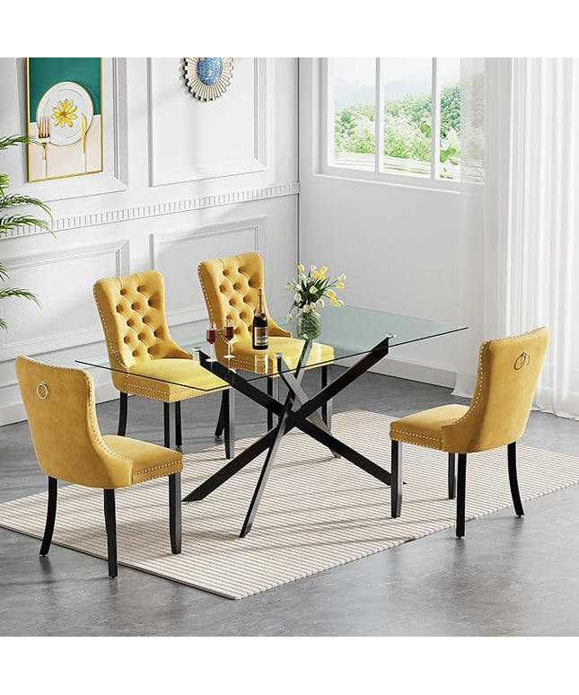 Modern 5-Piece Glass Dining Table Set for 4, Modern 60" Rectangle Black Glass Dining Room Table Set with Yellow Velvet Tufted Chairs Wood Legs for Kitchen Dining Room