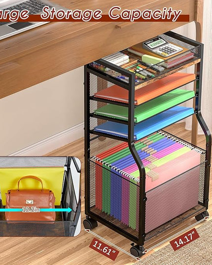 5-Tier Rolling File Cart with Hanging File Folders, Mobile Desk File Organizer on Lockable Wheels, Wood & Mesh Paper Letter Sliding Trays Organization for Office, Home, School, Patent