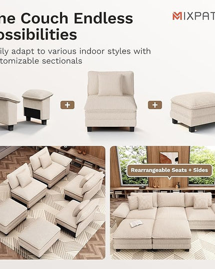 157.5" Cloud Modular Sectional Sofa, 4-Seater w/Deep Seat & Removable Arms, Plush Corduroy for Living Room - Beige