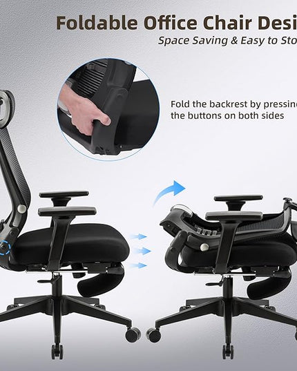 Foldable Office Chair with Foot Rest, Ergonomic Office Chair with Adjustable Lumbar Support, Headrest, Armrest, Home Office Desk Chairs for Space Saving, Work from Home, Black