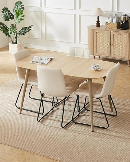 55'' Scratch Resistant Modern Wood Dining Table for 4 with Leather U-Shaped Chairs - Kitchen Dining Room Furniture (Easy to Assemble, Pet Friendly Surface, White Chair