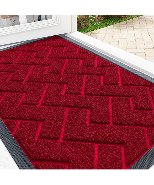 OLANLY Front Door Mat Indoor Outdoor Entrance, Waterproof All-Season, All-Weather Doormat, Sturdy Natural Rubber, Low Profile, Easy Clean Patio Porch Entryway Mat, Herringbone Brick (Wine Red, 36x24)