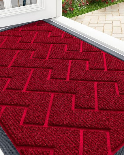 OLANLY Front Door Mat Indoor Outdoor Entrance, Waterproof All-Season, All-Weather Doormat, Sturdy Natural Rubber, Low Profile, Easy Clean Patio Porch Entryway Mat, Herringbone Brick (Wine Red, 71x23)