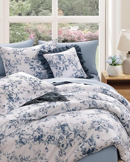 Full Comforter Set -7 Pieces Floral Blue Comforter Set for All Seasons, Bed in a Bag Full with Botanical Flowers Comforter, Sheets, Pillowcases & Shams