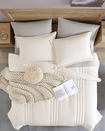 Monbix King Size Comforter Set - 7 Pieces Bed in a Bag King, Snow White Bedding Sets with Comforter, All Seasons Down Alternative Comforter Bed Set with Sheets, Pillowcases & Shams