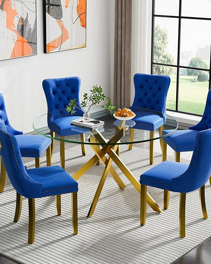 HomVent 7 Piece Round Glass Dining Table Set, Tempered Glass Dinner Table Set for 6 Kitchen Table Set with 6 Velvet Upholstered Chairs for Kitchen Dining Room