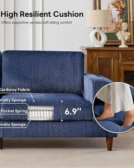 Tbfit 85" Corduroy Couch for Living Room, 3 Seater Mid Century Modern Sofa with Spring Cusions & Extra Deep Seat for Bedroom, Small Comfy Upholstered Couches Easy Assembly with Solid Wood Legs, Blue