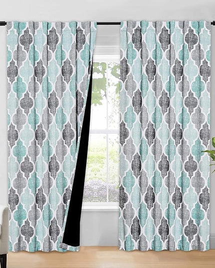 Beauoop 100% Blackout Curtains 84 Inches Long 2 Panels for Bedroom Living Room Aqua Grey Moroccan Geo Room Darkening Thermal Insulated Soundproof Rod Pocket Back Tab Window Treatments Drapes, 50x84