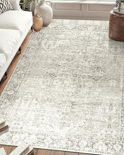 ReaLife Rugs Machine Washable Area Rug - Living Room Bedroom Bathroom Kitchen Entryway Office - Padded Low Pile Stain Resistant Premium - Boho Farmhouse Vintage - Lyle - Beige Ivory 5' x 7'
