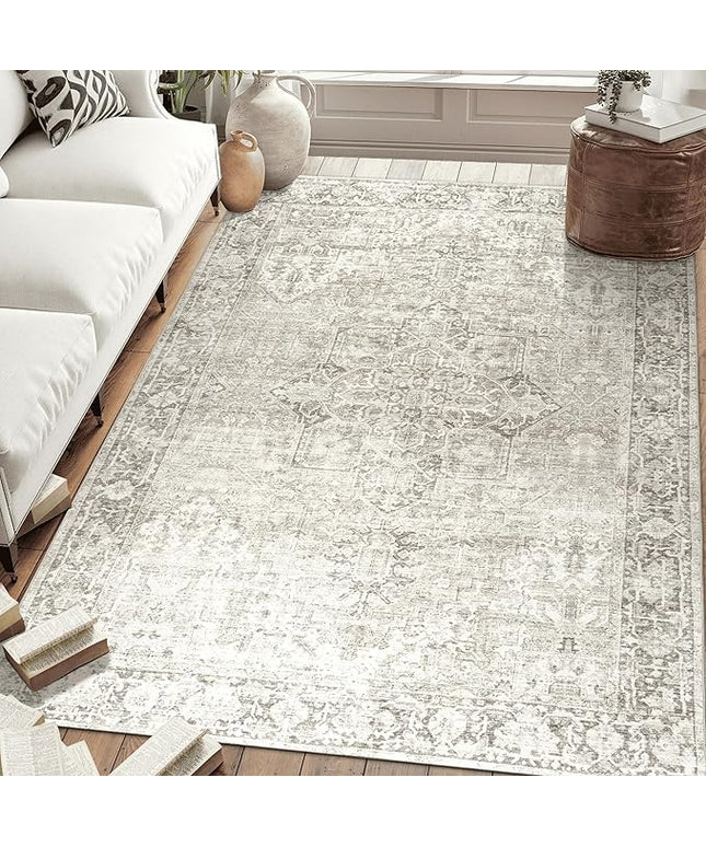 ReaLife Rugs Machine Washable Area Rug - Living Room Bedroom Bathroom Kitchen Entryway Office - Padded Low Pile Stain Resistant Premium - Boho Farmhouse Vintage - Lyle - Beige Ivory 5' x 7'