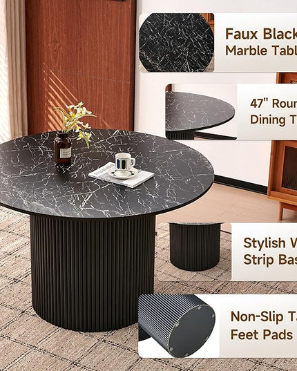 Howtek 5-Piece Modern Dining Room Set, 47" Faux Black Marble Round Dining Table with 4 Gray Space-Saving Upholstered Stackable Dining Chairs, Kitchen Table and Chairs Set for Home