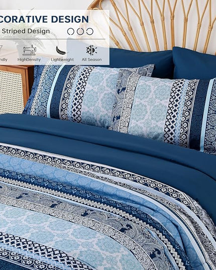 Boho Comforter Set Full Size,8 Pieces Navy Blue Bohemian Striped Bed in a Bag,Paisley Soft Microfiber Bedding Comforter Set