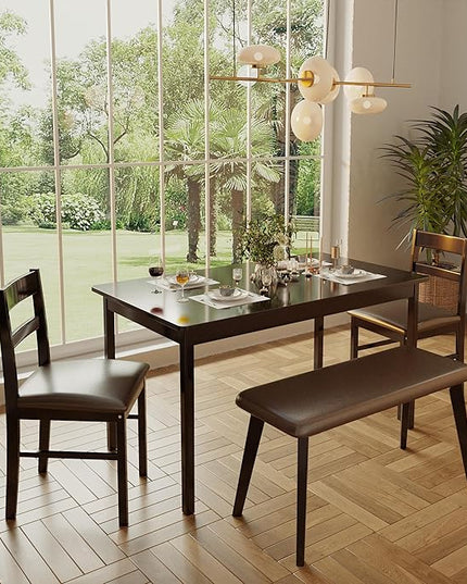 4-Piece Solid Wood Indoor Modern Rectangular Dining Table Set for 4 with Chairs and Bench,Table and Chairs Set with PU Leather Cushion for Kitchen,Bar,Living Room,Breakfast Nook,Brown