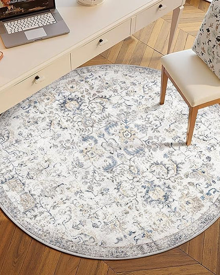 jinchan Kalen Round Rug 5ft Area Rug Entryway Washable Vintage Indoor Retro Floor Cover Distressed Floral 5' Round Circle Boho Non Slip Thin Carpet for Kitchen Bedroom Living Room Dining Room Blue