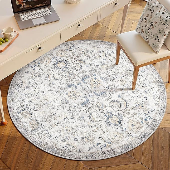 jinchan Kalen Round Rug 5ft Area Rug Washable Vintage Indoor Retro Accent Entryway Floor Cover Distressed Floral 5' Round Circle Boho Non Slip Thin Carpet for Bedroom Living Room Dining Room Blue