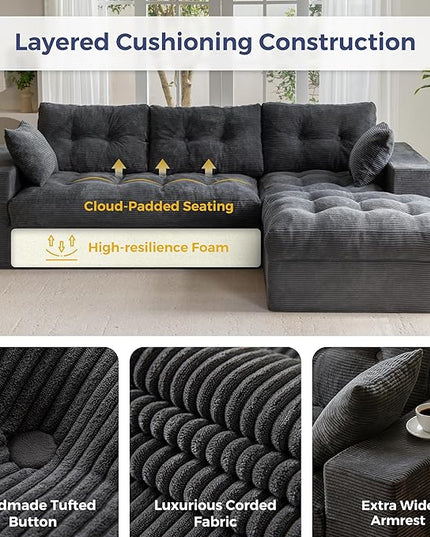 MAXYOYO 104" L Shaped Modular Sectional Sofa with Ottoman, Cloud Boneless Couch with Layered Cushion, Upholstered Sofa in a Box, Flexible Module Combination for Living Room, No Assembly, Dark Grey