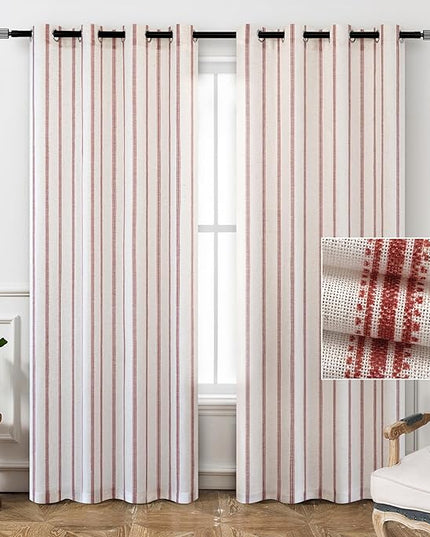 DriftAway Farmhouse Linen Blend Blackout Curtains 90 Inches Long for Bedroom Vertical Striped Printed Linen Curtains Thermal Insulated Lined Treatments for Living Room 2 Panels W52 x L90 Red