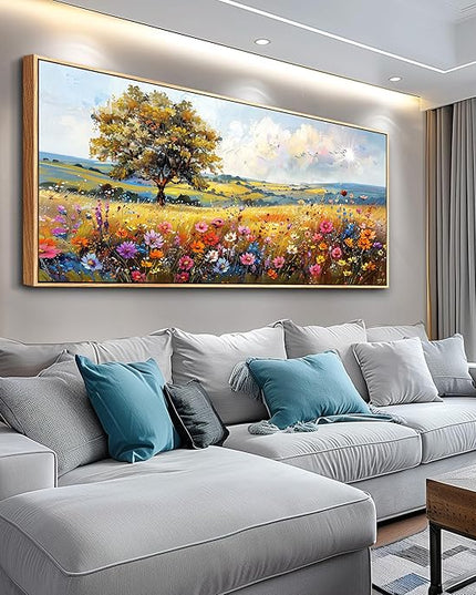hyidecorart Farmhouse Wall Art For Living Room Pictures For Bedroom Wall Decor Natural Scenery Wall Painting Office Artwork Colorful Flowers And Trees Canvas Prints Hanging Decor Wood Framed 72x32