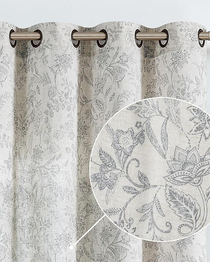 Lazzzy Grey Floral Linen Farmhouse Curtains for Living Room 84 Inch Length Window Curtains Semi Sheer Drapes for Bedroom Country Light Filtering Curtain Grommet Top 2 Panels Grey on Beige
