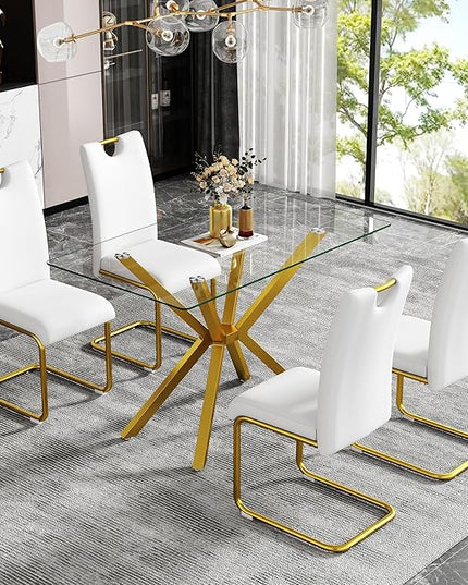 47.24" Rectangular Glass Dining Table Modern Kitchen Glass Top Table for 4 with Gold Metal Legs, Clear Dining Table Kitchen Table for Home Office Dining Room