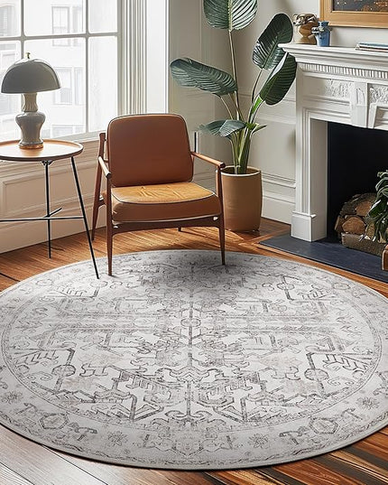 jinchan Lima Round Rug 8ft Vintage Machine Washable Area Rug Indoor Circle 8' Ultra-Thin Non-Slip Floral Print Carpet for Farmhouse Entryway Dining Room Living Room Bedroom Office (8'Round, Taupe)