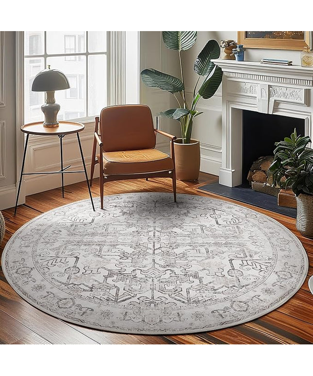 jinchan Lima Round Rug 8ft Vintage Machine Washable Area Rug Indoor Circle 8' Ultra-Thin Non-Slip Floral Print Carpet for Farmhouse Entryway Dining Room Living Room Bedroom Office (8'Round, Taupe)