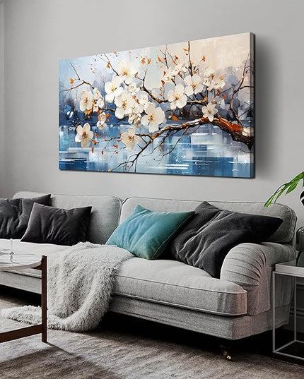 GUGIKA Flower Wall Art for Living Room, White Plum Blossom Canvas Wall Decor for Bedroom, Floral Picture Print, Size 48x24 Inches