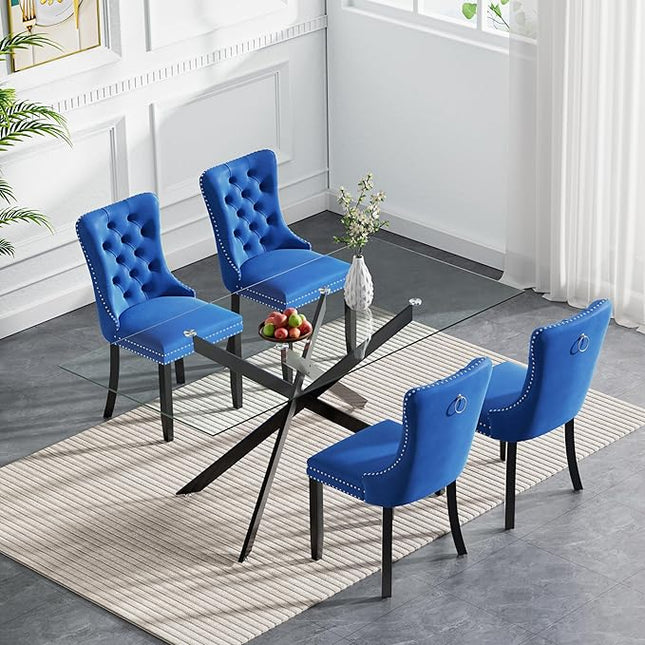 HomVent 5 Piece Rectangular Glass Dining Table Set, Tempered Glass Dinner Table Set for 4 Kitchen Table Set with 4 Velvet Upholstered Chairs for Kitchen Dining Room