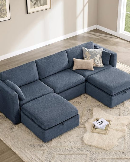 CHITA Oversized Modular Cloud Sectional Sofa Set, FSC Certified U Shaped Couch with Reversible Chaise Modular Sectional Couch, 112 inch Width,5 Seat Modular Sofa Includes 2 Storage Ottomans, Blue