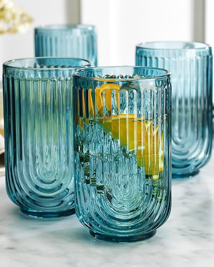 Glaver's Vintage Glassware Art Deco Glasse Ribbed Drinking Glasses U-Shape Arch Design Colored Cocktail Kitchen Tumblers Everyday Dinner Decorative Party, Blue (Blue S/4 17oz)