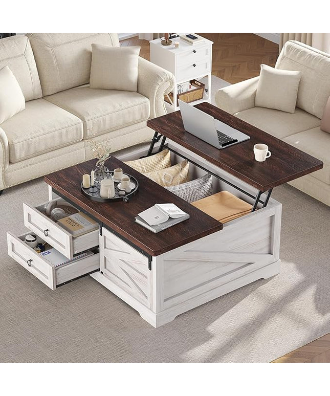 Itaar 39.4'' Lift Top Coffee Table with Storage, Farmhouse Coffee Tables for Living Room, Square Coffee Table with Large Hidden Compartment & 2 Drawers & Adjustable Shelves, White